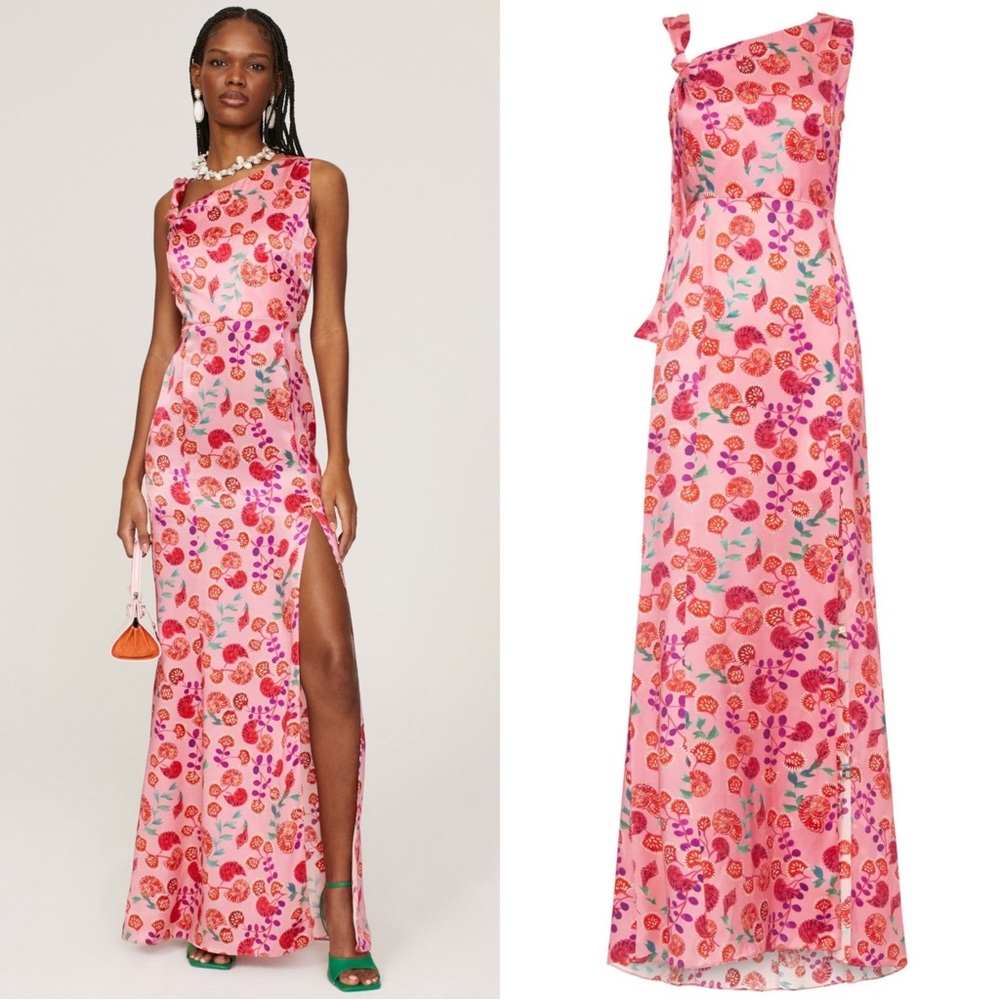 Saloni Leona Printed Silk Asymmetric Neck Maxi Gown Size 4 Ammonite Rose